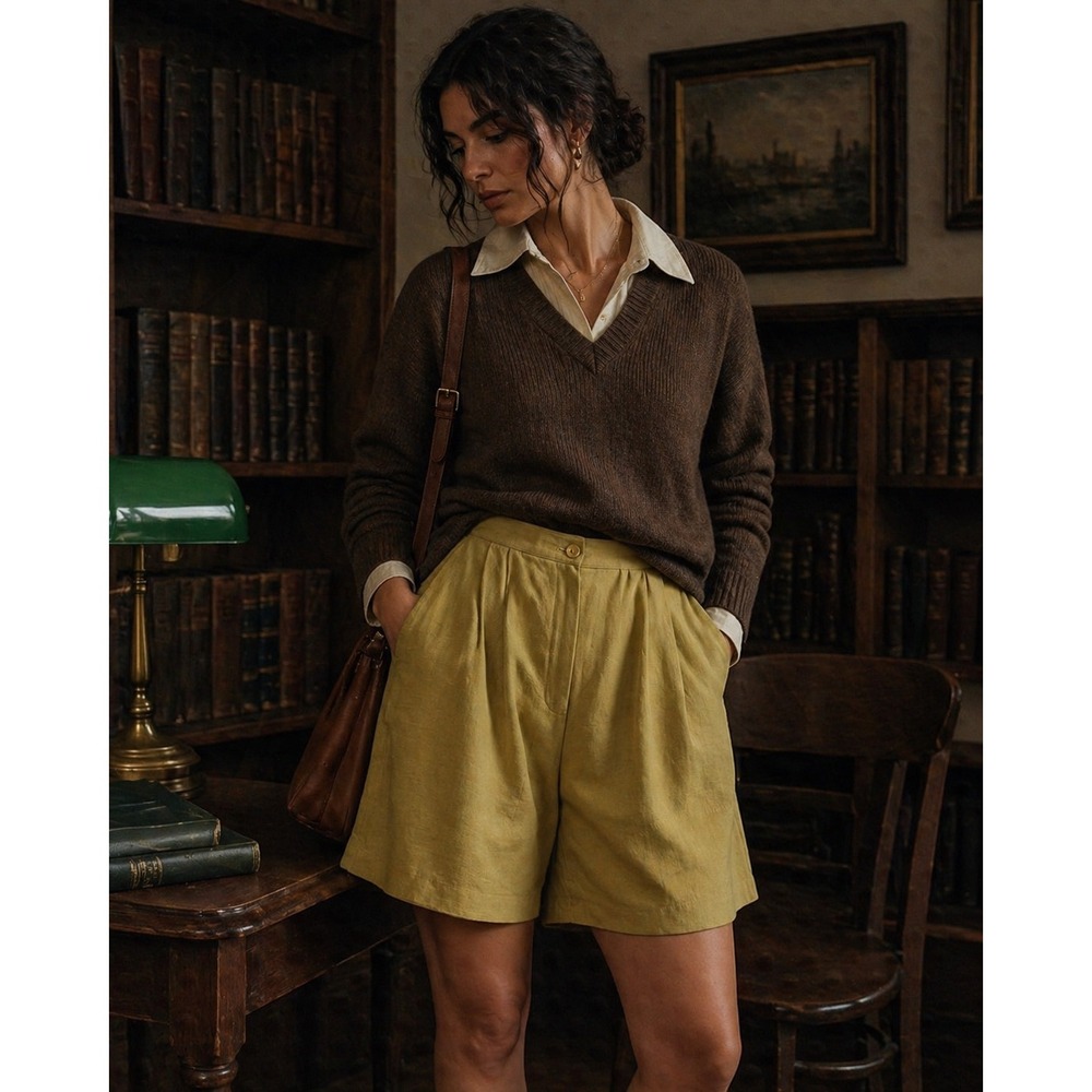 Howard Wolf Pleated Shorts Womens 16 Yellow Linen Blend High Waist Vintage USA